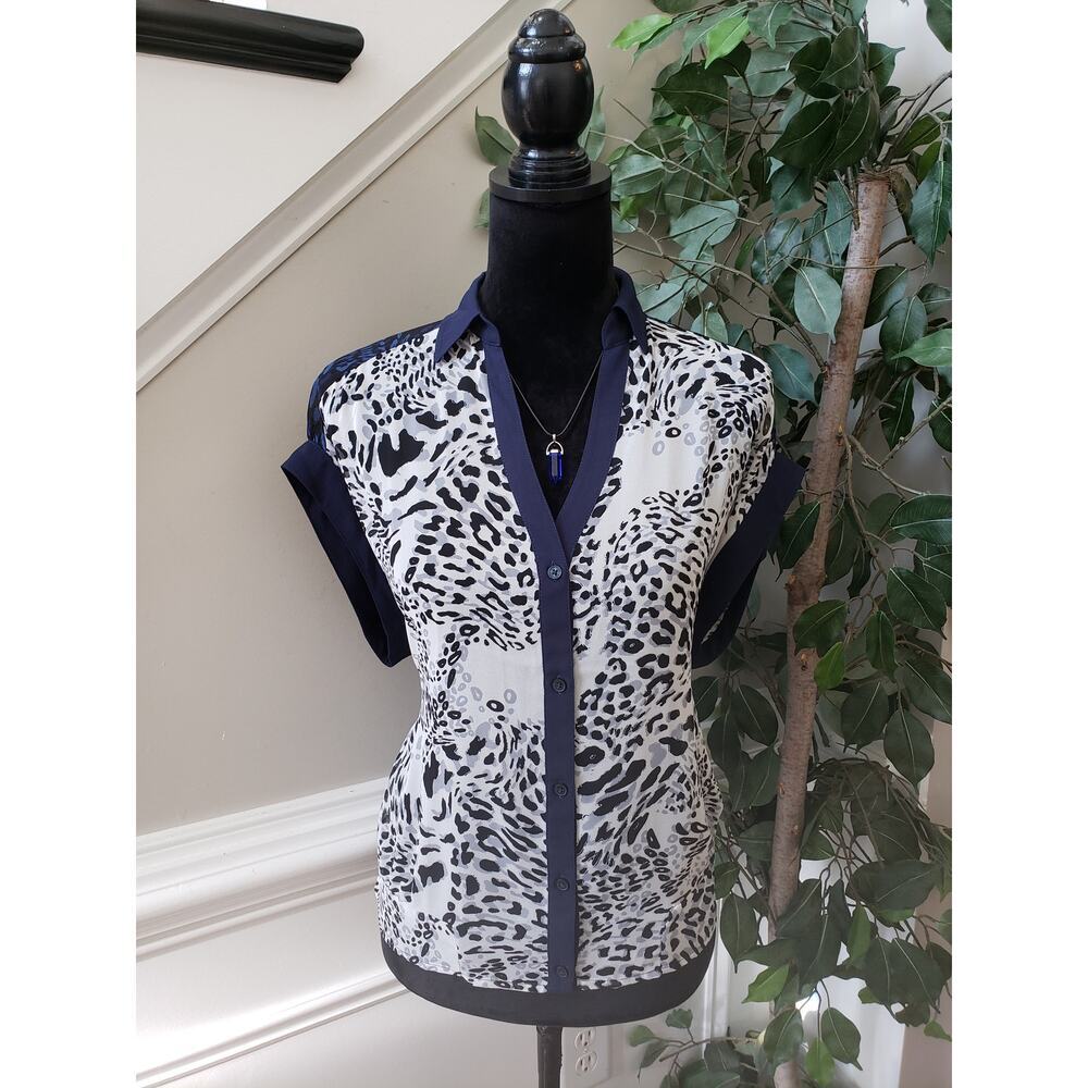 Express Botton Down Shirt Women's Size Small Blue Beige Leopard Chiffon Collared